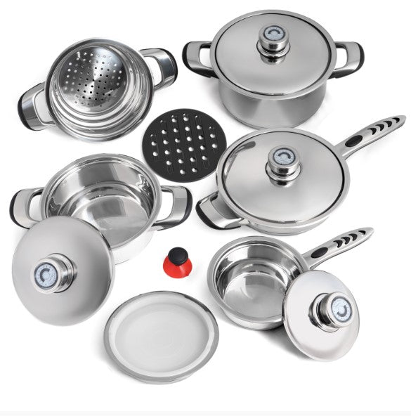 Chef's Secret 12-Ply Waterless Heavy Gauge Cookware Set, Durable Stainless Steel Construction with Thermo Control Top Knobs, 9-Pieces KT12