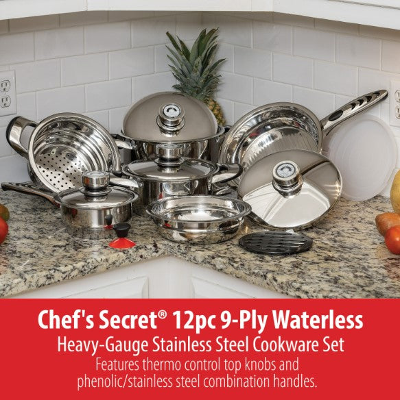 Chef's Secret 12-Ply Waterless Heavy Gauge Cookware Set, Durable Stainless Steel Construction with Thermo Control Top Knobs, 9-Pieces KT12