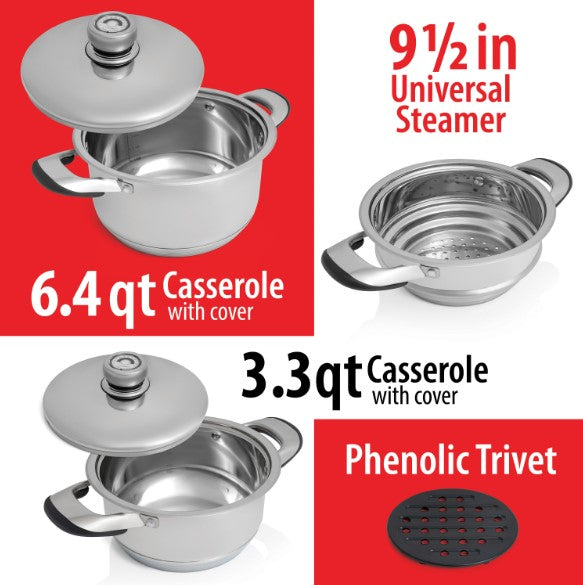 Chef's Secret 12-Ply Waterless Heavy Gauge Cookware Set, Durable Stainless Steel Construction with Thermo Control Top Knobs, 9-Pieces KT12