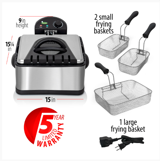 4 Quart Electric Deep Fryer - 1700 Watts Electrical Appliance with 3 Frying Baskets - Adjustable Temp Control, Insulated Handles, Stainless Steel Cover with Window, Enamel Inner Pot - 16x10x15.50" KTELFRY4