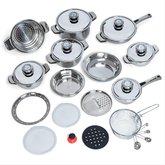 Chef's Secret 28-Piece Cookware Set - 12-Element Heavy-Gauge Stainless Steel Waterless Cookware - Kitchen Pots And Pans, Steamer, Broiler For Cooking, Frying - Home Essentials & Gifts For Cooks, Chefs KT28