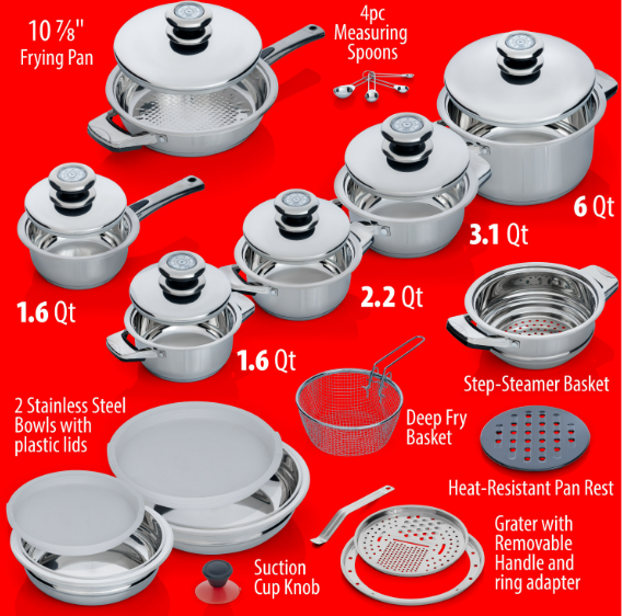 Chef's Secret 28-Piece Cookware Set - 12-Element Heavy-Gauge Stainless Steel Waterless Cookware - Kitchen Pots And Pans, Steamer, Broiler For Cooking, Frying - Home Essentials & Gifts For Cooks, Chefs KT28