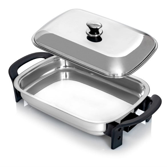 Precise Heat 16-Inch Electric Skillet - Rectangular Stainless Steel Pan with Handles and Lid Cover KTES4