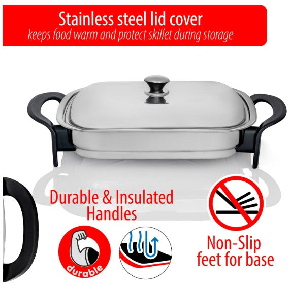 Precise Heat 16-Inch Electric Skillet - Rectangular Stainless Steel Pan with Handles and Lid Cover KTES4