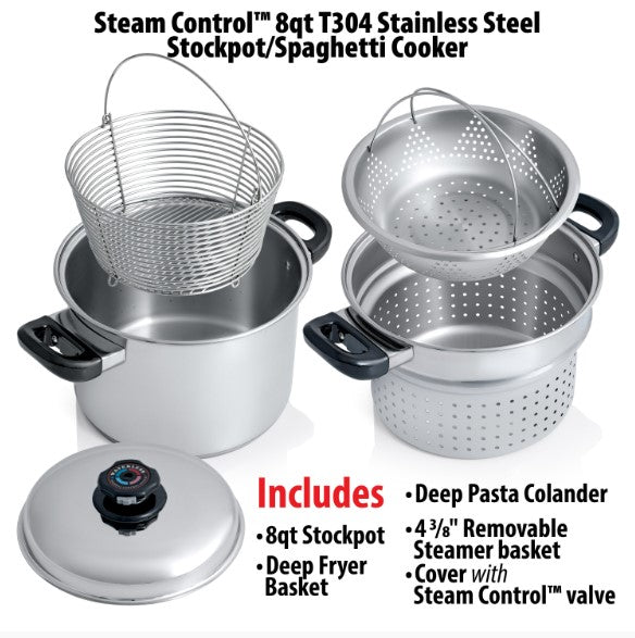 Chef's Secret 8 Quart T304 Stainless Steel Stockpot/Spaghetti Cooker with Deep Fry Basket & Steamer Inserts KT82