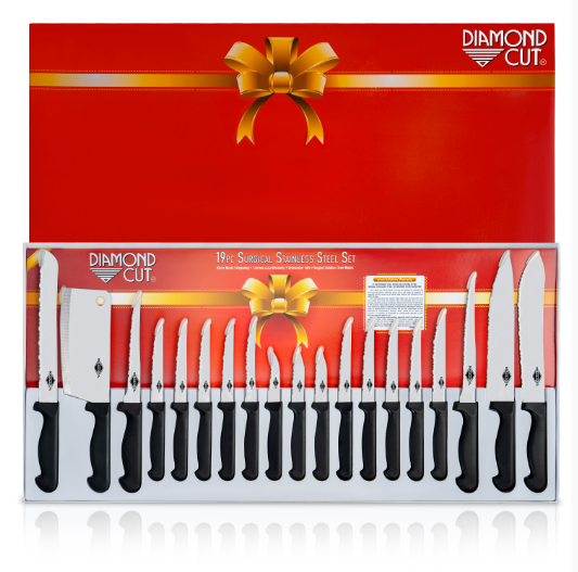 Diamond Cut 19pc Cutlery Set in White/Red Bow Box