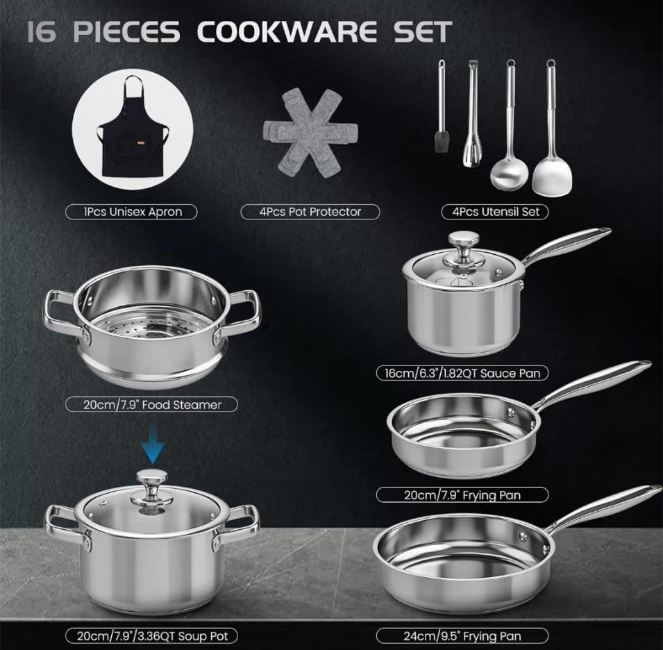 16 pc Stainless Steel cookware set with glass covers