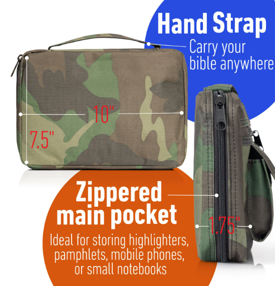 Embassy Bible Cover with Extra Zippered Compartments, to Protect the Good Book, Camouflage