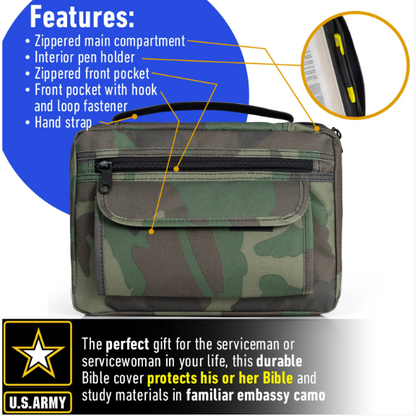 Embassy Bible Cover with Extra Zippered Compartments, to Protect the Good Book, Camouflage