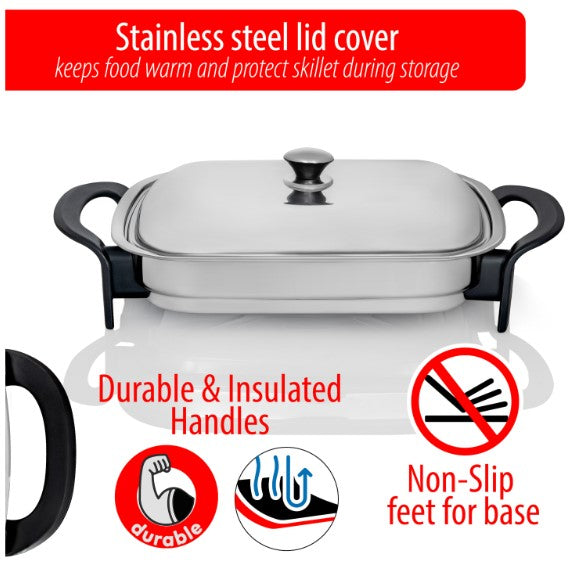 Precise Heat 16-Inch Electric Skillet - Rectangular Stainless Steel Pan with Handles and Lid Cover   KTES4