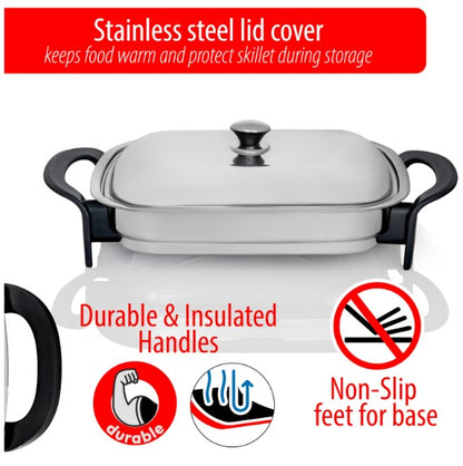 Precise Heat 16-Inch Electric Skillet - Rectangular Stainless Steel Pan with Handles and Lid Cover   KTES4