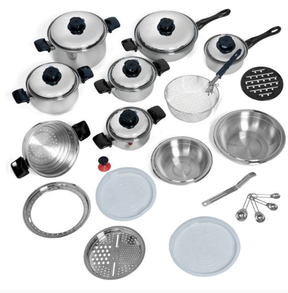 Chef's Secret 28-Piece 12-Element T304 Cookware Set - Stainless Steel Pots And Pans For Waterless Cooking - Airtight Lids, Steam Control Valves, Multi-Ply Metal, Black Handles - Kitchen Sets For Home  KT928