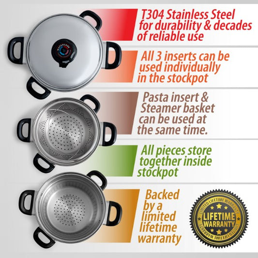 Chef's Secret 8 Quart T304 Stainless Steel Stockpot/Spaghetti Cooker with Deep Fry Basket & Steamer Inserts  KT82